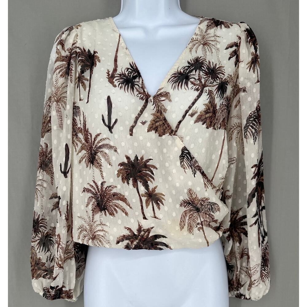 Joie Top Womens Medium Beige Brown Floral Palm Tree V Neck Beachy Boho Bohemian